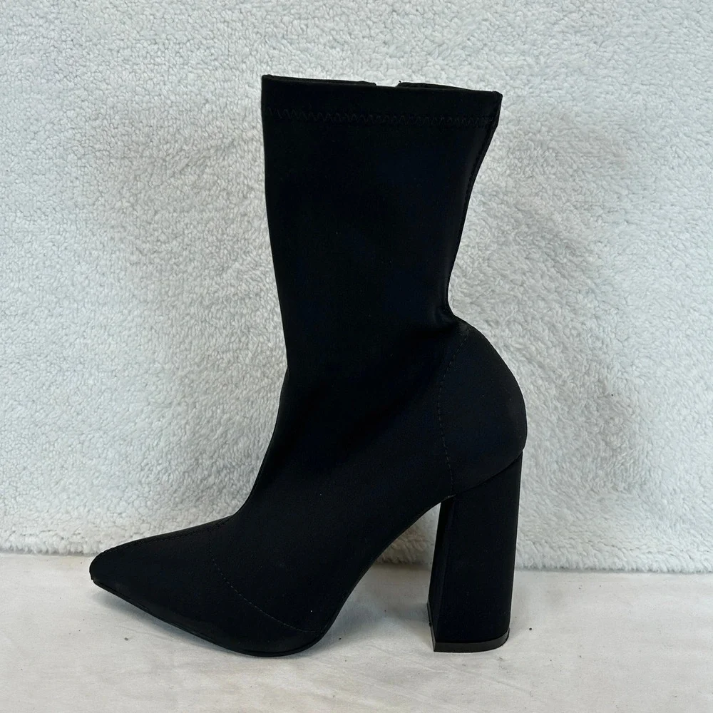 Azalea‎ Wang Black Pointed Toe Block Heel Sock Boots Stretchy Size 7.5